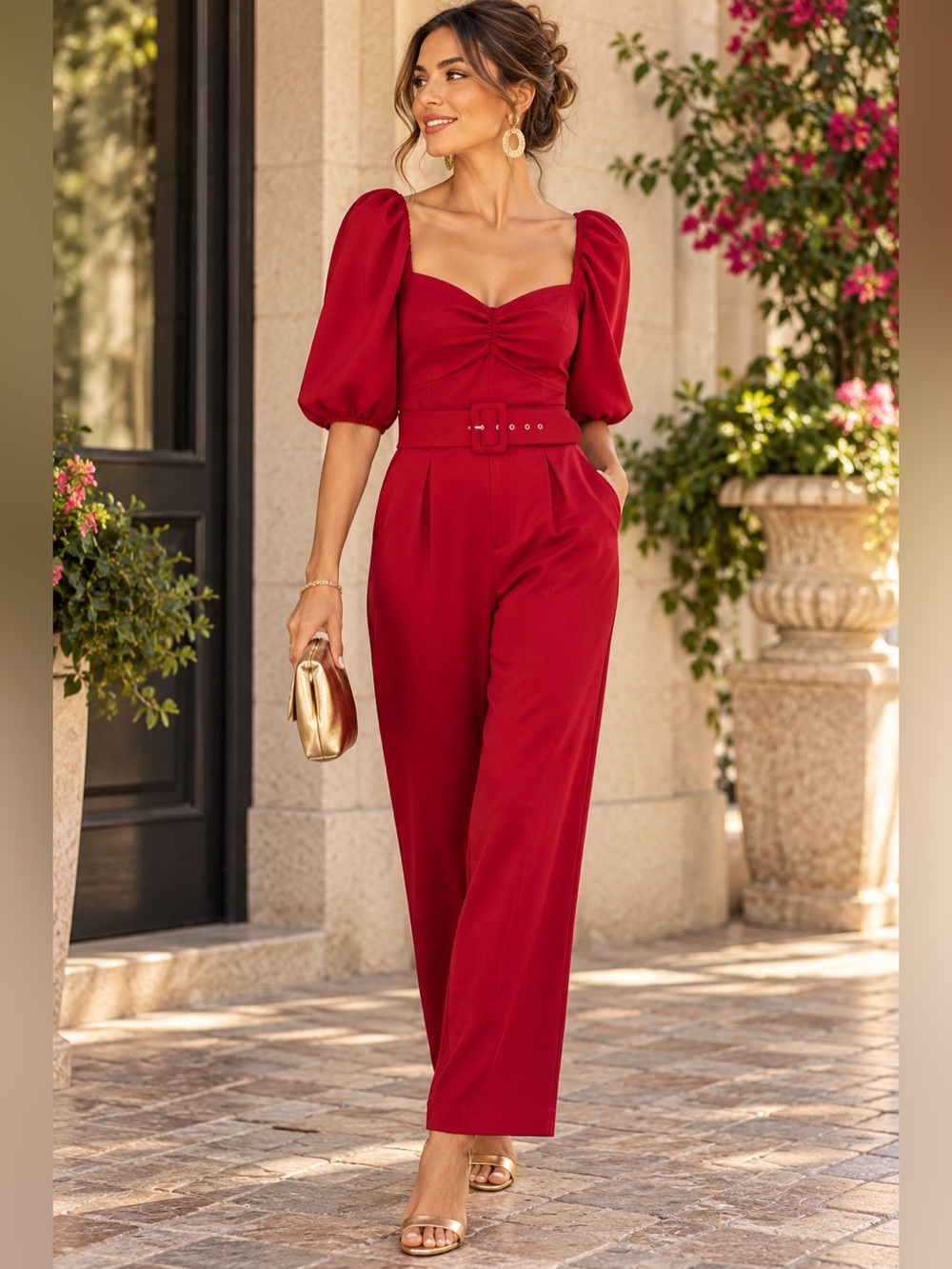 BCBGeneration Red Belted Puff Sleeve Jumpsuit Size M Sweetheart Neck